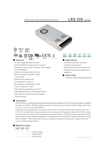 Alimentation LRS-350-15 à découpage commutation single output 15V DC - 3