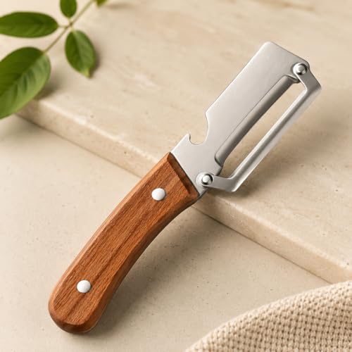 Image of Stainless Steel Vegetable Peeler with Wooden Handle & Bottle Opener | Sharp Single Blade Peeler for Fruits & Vegetables | Heavy Duty Kitchen Peeler for Potato, Carrot, Cucumber & More