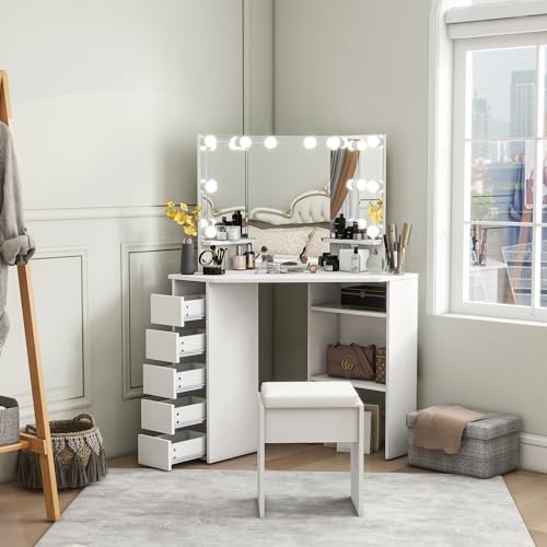 Panana Corner Dressing Table with LED Light, Vanity Table with 5 Drawers and Stool, Makeup Table for Home Furnature (White-Bulb) - Cosy Home Interiors Panana Corner Dressing Table with LED Light, Vanity Table with 5 Drawers and Stool, Makeup Table for Home Furnature (White-Bulb) - Image 5