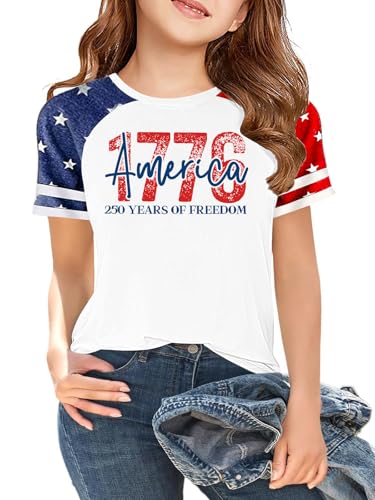 Image of CAZYCHILD Girls 4th of July USA Shirt American Flag Patriotic T-Shirt Independence Day Outfit for Kids 5-14Years