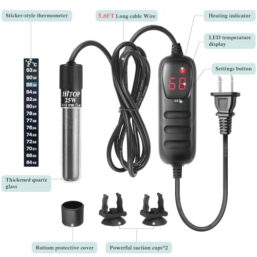 Image of HITOP Compact Submersible Aquarium Heater -25W Digital Heater for Fish Tank Turtle Tank, for Saltwater and Fresh Water with Temperature Controller