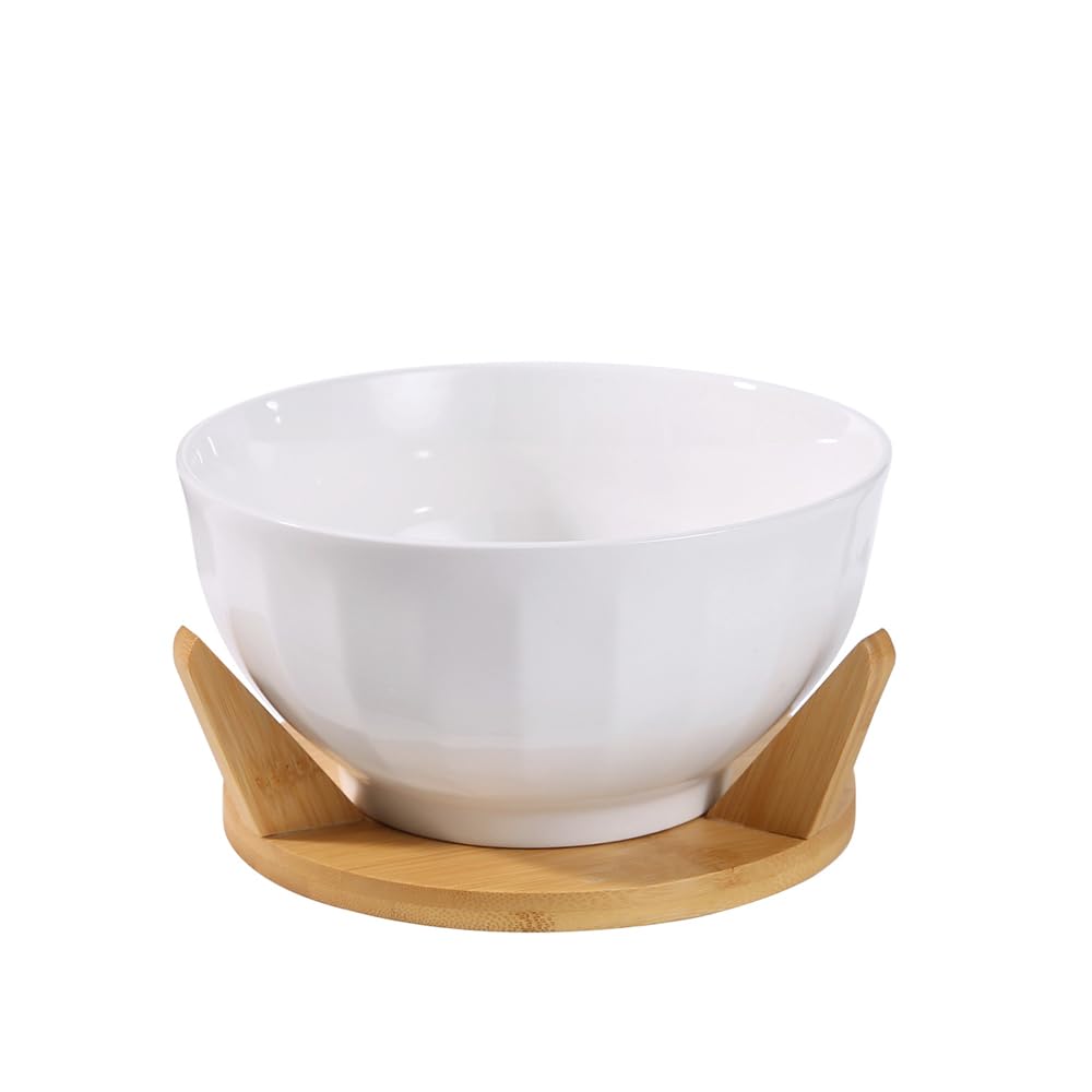 Tanggaogao Large Ceramic Ramen Bowl with Bamboo Stand, 1200ml Deep Soup & Noodle Bowl, 7 Inch Ribbed Serving Bowl for Pho, Udon, Pasta, Microwave & Dishwasher Safe