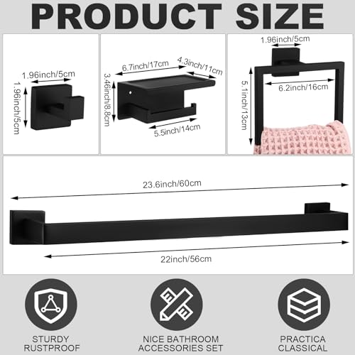 Image of 10 Pcs Bathroom Accessories Set, 24 Inch Bathroom Hardware Set, Stainless Steel Bath Towel Bar, Towel Racks, Robe Hook, Toilet Paper Holder with Phone Shelf Wall Mounted for Gifts (Matte Black)