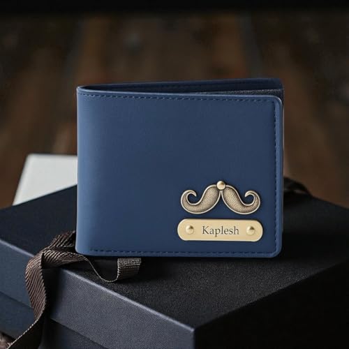 Image of Thebaegift Men's Personalized Wallet I Customized Slim Stylish Leather Purse with Name & Charm I Unique Birthday Anniversary Gift for Men Boy Love Husband Employees Clients (Blue IMP)