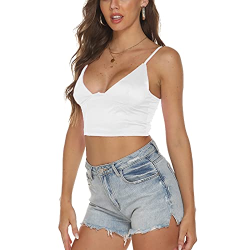 Women Corset Tops Spaghetti V Neck Bustier Sleeveless Slim Zip Back Sexy Cami Tanks Clubwear Party Tube Crop Top (As1, Alpha, M, Regular, Regular, White) #TOP3