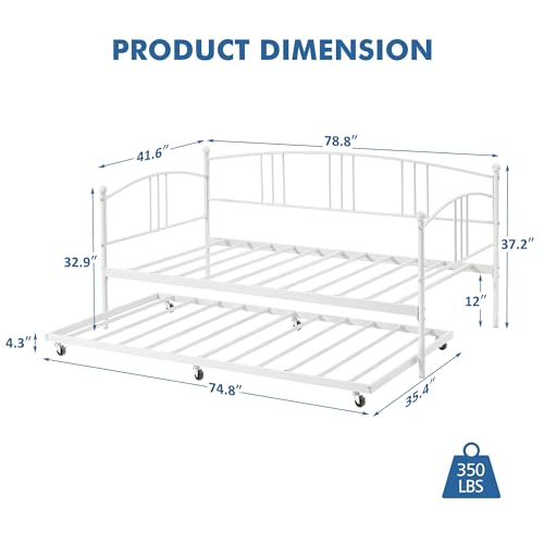 Image of Garvee Twin Daybed with Trundle, Sturdy Metal Day Bed with Arched Headboard and Steel Slat Support, Pullout Trundle with 6 Casters, Sofa Bed for Living Room Bedroom and Guest Room, White | Pullout Trundle, Six Smooth Casters, Space-Saving Design, Extra Sleeping Space, Easy Assembly, White