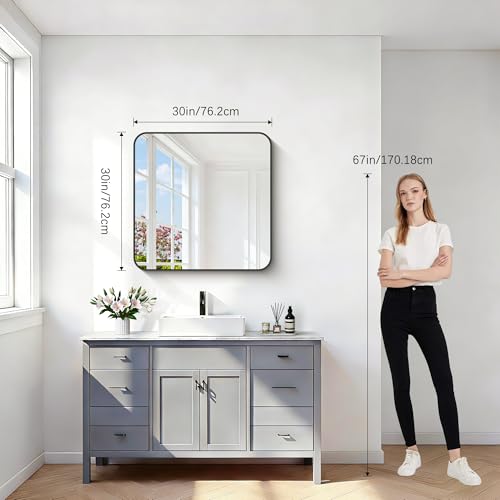 Image of Black Bathroom Mirrors for Wall, 30 inchx30 inch Square Mirror, Rounded Corner Metal Frame Wall Mirror, Bathroom Vanity Mirror for Bedroom Living Room Entryway Horizontal Or Vertical Mounting
