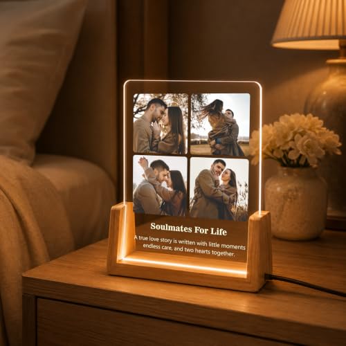 Image of Giftplease Personalized LED Acrylic Photo Frame with Custom Photo & Text | Engraved Acrylic Picture Lamp | Wooden Base |Customized Picture Frame | Anniversary Wedding Birthday Couple Family Home Decor