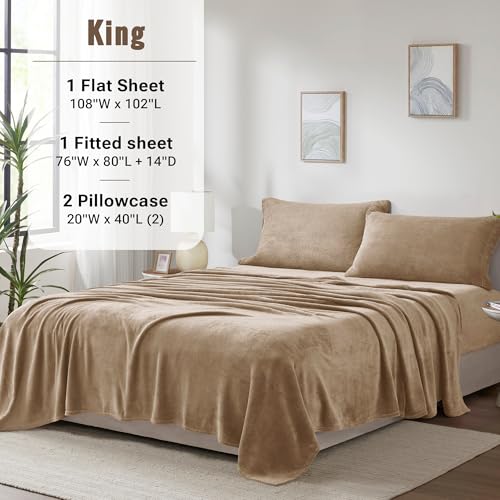 Image of True North by Sleep Philosophy Plush Sheet Set King, Solid Color, Warm & Soft Bedding King Size Sheets, Fitted Pocket Fits Up to 16 inch Mattress, Soloft, King Taupe 4 Piece
