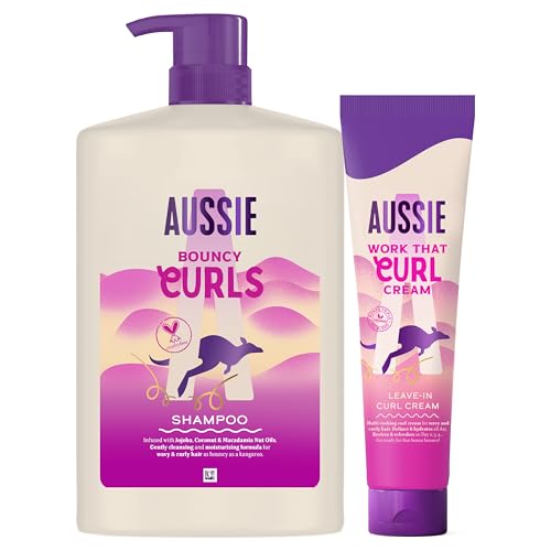 Aussie Pack Bouncy Curls Champú 1000ml + Crema Definidora De Rizos Sin Aclarado Work That Curl Hidrata el Pelo Ondulado y Rizado. Con Aceites de Jojoba, Coco y Macadamia