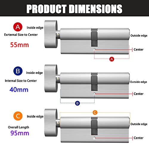 RESET-55/40T Thumb Turn Euro Lock Cylinder(95mm),Euro Door Barrel Lock with 3 Keys,Anti-Bump,Anti-Drill,Anti-Pick Door Lock with Key,High Security for Wooden,UPVC and Composite Doors,Brass,Chrome - Image 4