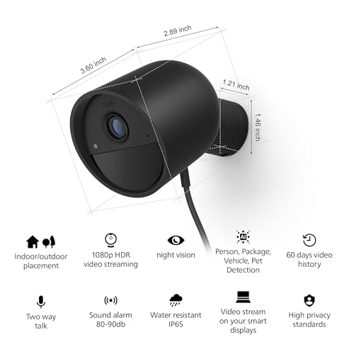 Image of PHILIPS Hue Secure Wired Smart Home Security Camera, Black, 1 Pack, 1080P HD, Night Vision Camera, Motion Detection Home Security System, Two-Way Talk, Indoor /Outdoor, Weatherproof, Works with Hue App