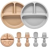 Eascrozn Silicone Baby Feeding Set, 2 Pack Divided Baby Plates with Suction, 2 Pack Spoons and Forks Set, BPA Free, Baby Led Weaning Supplies for Toddler Utensils Baby Feeding Essentials