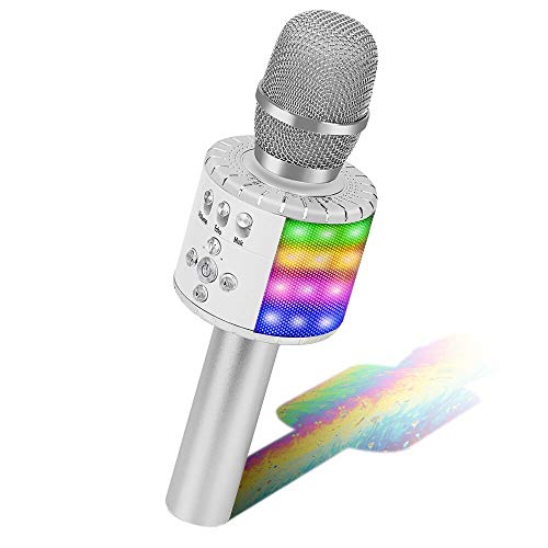 Micrófono BONAOK para Niños, Karaoke con Micrófono Bluetooth, Micrófono de Karaoke Portátil 3 en 1 Portátil con Luces, Máquina de Karaoke para Fiesta de Cumpleaños para iPhone/iPad/Android (Plateado)