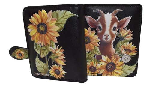 Shag Wear Garden Goat Small Wallet for Women and Teen Girls Whimsical Goat and Sunflower Design Vegan Leather Bifold with Card Slots and Coin Pocket Black 4.5