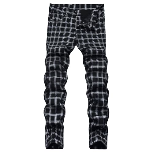 Men's Plaid Work Jeans Y2 Skinny Straight Jeans Comfortable Elastic Waist Fashion Hip Hop Clothing
