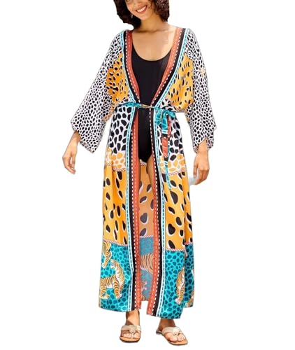 Image of Women's Kimono Cover Up Long Beach Dress Swimsuit Cover Ups Colorful Cardigan Lightweight Robe for Swimwear