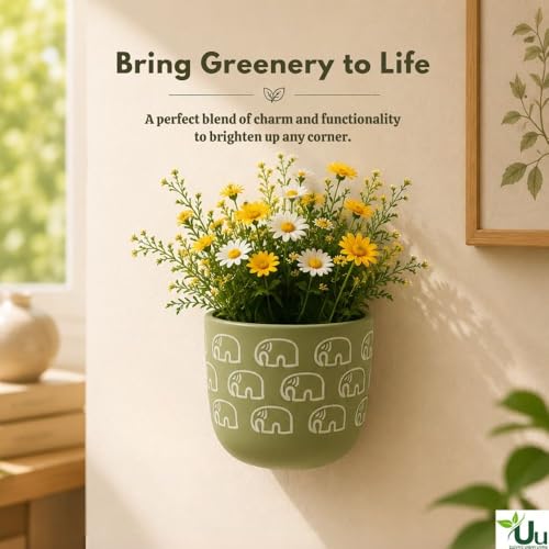 Image of Urban Upvan Elephant Printed Green Terracotta Wall Planter - Premium Decorative Planter for Indoor & Outdoor Plants, Modern Elegant Flower Pot for Home, Garden & Office
