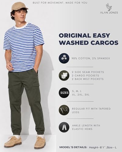 Image of Alan Jones Men's Cargo Jogger Pants | Regular Fit Tapered Joggers with Elastic Waist & Hems | Cotton Stretch Utility Pocket Track Pants | Casual Everyday Wear