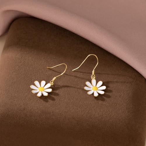 Image of SLUYNZ 925 Sterling Silver White Flower Dangle Earrings for Women Teen Girls Daisy Flower Drop Earrings Summer Spring