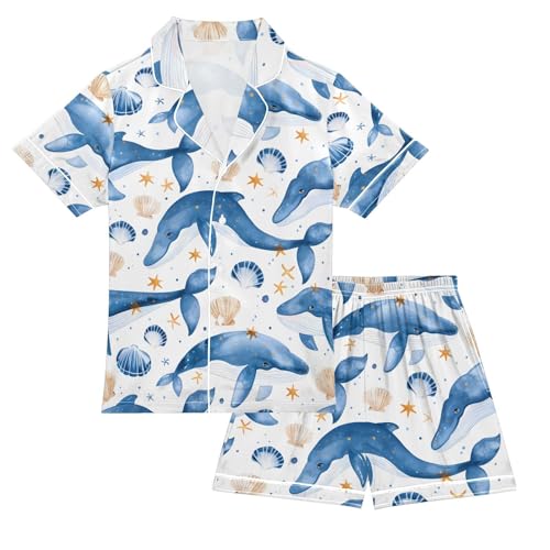 ALAZA Blue Whale Seashell Star Pajamas Satin Pajama Set Short Sleeve Button Down Sleepwear