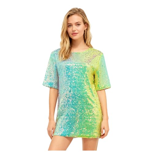 Jaugola Womens Sequin Mini Dress Super Star Glitter Costume Sparkly T-shirt Concert Tour Disco Party Halloween Outfit Rainbow L