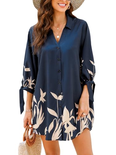 Image of CUPSHE Women Mini Summer Dress Cover Up Oversize Floral Shirt 3 /4 Sleeve Cuff Tie Button Down Beach Dresses Cover Up Top