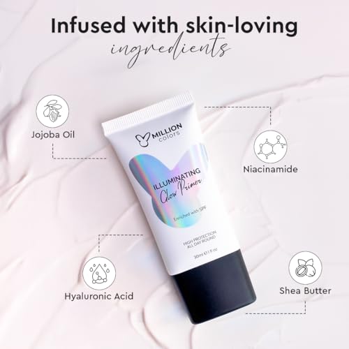 Image of Million Colors Illuminating Strobe Cream for Face | Rose Gold Strobe Cream + Primer + Face Highlighter | Hydrating Makeup Base with SPF | Infused With Hyaluronic Acid, Niacinamide, Jojoba Oil & Shea Butter for Radiant Skin 30Ml
