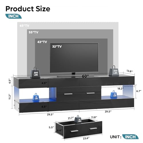 Image of Bestier Black 60 Inch Modern TV Stand, LED Entertainment Center with Drawer | Fits up to 65 in TV, High Gloss with Stone Pattern, Large Storage Drawer & Open Shelves, 7-Color LED Lights for Living Room