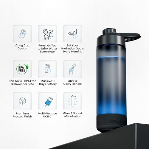 Image of Aquaminder Smart Water Bottle Glows & Beeps to Remind You to Drink More 770 ml Chug Cap Bottle For Adults and Kids Perfect For Gift, Travel, Gym, Yoga, Black, Silicone