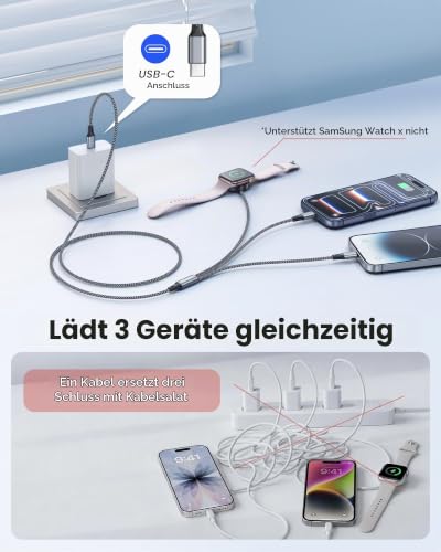 RAVIAD Multi Ladekabel für Apple Watch Ladegerät, USB C, Lightning 1.2M – Ansicht 3