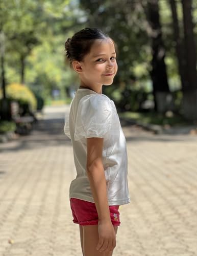 Image of Arshiner Girls Shirts Mesh Puff Short Sleeves Blouse Crewneck Cute Print Summer Kids Tee Tops