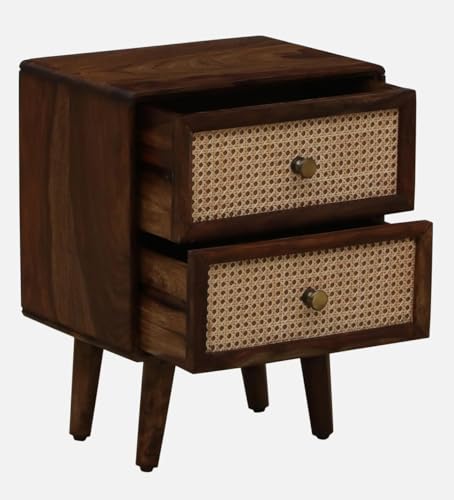 Image of MISAN Boston Solid Wood Bedside Table with Rattan Drawers Mid Century Night Stand for Living Room, Bedroom (SA - Brown)
