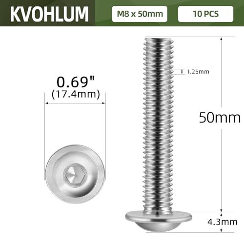Image of M8-1.25 x 50mm 10 PCS Flanged Button Head Socket Cap Bolts Screws, Stainless Steel 304, Allen Socket Drive, Screwdriver Bit Included, Bright Finish, Fully Machine Thread