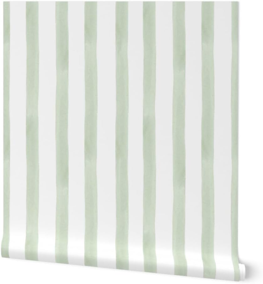 Peel & Stick Wallpaper 9ft x 2ft - Light Sage Stripe Celery Green Simple Minimal Modern Custom Removable Wallpaper by Spoonflower