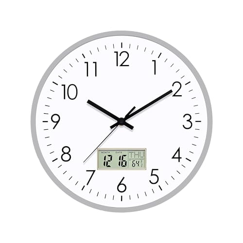 ATEK Digital Wall Clock Kitchen 12 Inch,Kitchen Wall Clock Battery Operated Silent Analogue Wall Clock with Date Temperature Large Easy-to-Read Numbers, Quiet Sweep Movement for Home Office Bedroom