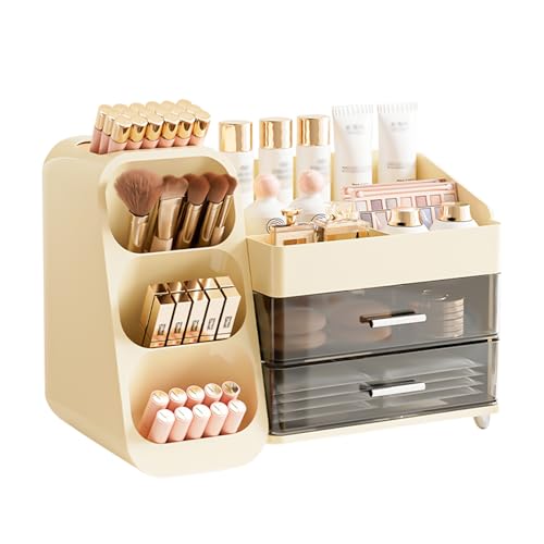 Puasok Organizador de Maquillaje, Organizador Cosmeticos con Cajones y Compartimentos, Makeup Organizer para Almacenaje Maquillaje, Tocador, Baño o Dormitorio (Blanco Crema)