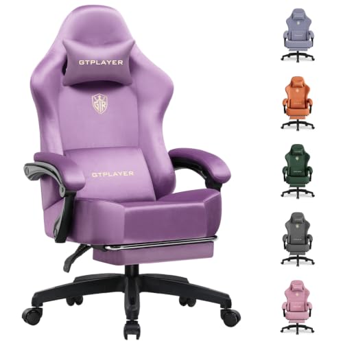 Image of GTPLAYER Gaming Chair Fabric with Pocket Spring Cushion, High Back Ergonomic Computer Chair with Footrest for Adults Lumbar Support Swivel Game Chair for Office Gaming 350LBS, Light Purple