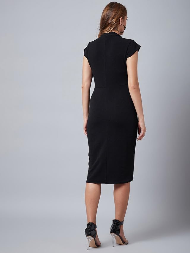 Selvia Women's Knitted & Dyed Short Sleeves Lycra V-Neck Bodycon Dress (492Tk10721N-S_Black)