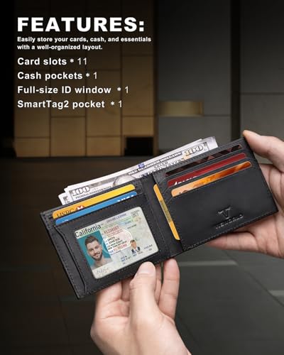 Men's Wallet Compatible with Samsung Galaxy SmartTag 2, Bifold Full-Grain Leather Wallet Compatible with Samsung smart Tag 2, Slim Smart Wallet with Tracker, Rfid Blocking, 11 Card Slots2