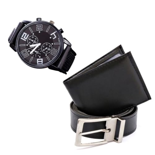 Kit Masculino com Cinto de Couro, Relógio Quartz e Carteira, Preto e Marrom, 3 Peças