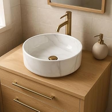 Foto di Norbe | TEIDE | Lavabo 40 cm diam. in Ceramica tondo | Lavandino Bagno Forma Rotonda diametro 40 cm x 40 cm (Marmo Bianco)