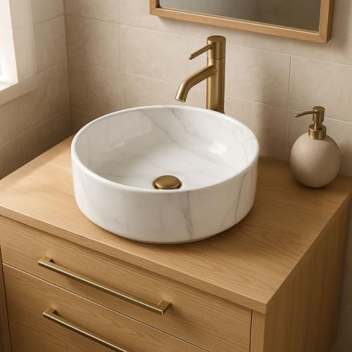 Norbe | TEIDE | Lavabo 40 cm diam. in Ceramica tondo | Lavandino Bagno Forma Rotonda diametro 40 cm x 40 cm (Marmo Bianco)