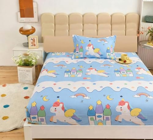 Image of Filymore Star Unicorn Single bedsheet for Girls Kid bedsheet for Single Size Bed 240 TC Microfiber Soft Cartoon bedcover for Kids Room (90x60 Inches)(SkyBlue and White)