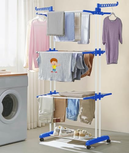 FLIPZON Premium 3 Layer Clothes Drying Stand with Wheels | Foldable Wings | Double Pole Alloy Steel Rack | 360° Rotatable Hanger Rods | Portable Balco
