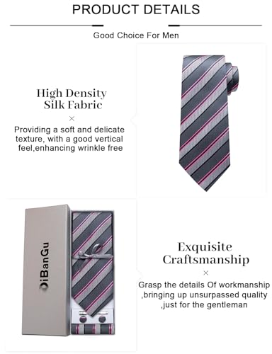 Image of DiBanGu Mens Striped Tie Silk Woven Necktie and Pocket Square Cufflinks Tie Clip Set Wedding Business Formal Gift Tie for Men