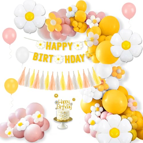 Decoration Anniversaire Marguerite Fille Femme, 85PCS Kit Arche Ballons Fleur Rose Jaune Blanc, Banderole Happy Birthday, Pompons, Décoration Gâteau pour Baby Shower et Fête Thème Printemps