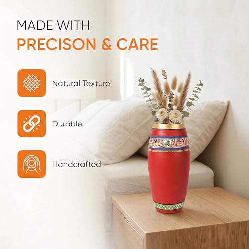 Image of Aakriti Art Creations Handcrafted Red Madhubani Terracotta Vase (9x4 HxD) | Traditional Hand-Painted Flower Vase | Matte Finish Decorative Vase for Living Room Decor, Shelf Decor & Gifting