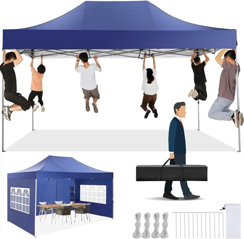 Image of COBIZI 10x15 Heavy Duty Pop Up Canopy Tent with 4 Sidewalls, Dark Blue