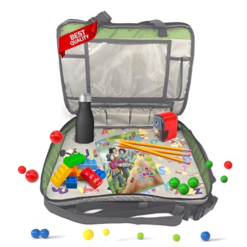 Image of Kids Travel Tray - Essential 3 in 1 Convenient Convertible Car Seat Travel Tray for Kids - Organizer (Gray & Lime Green)